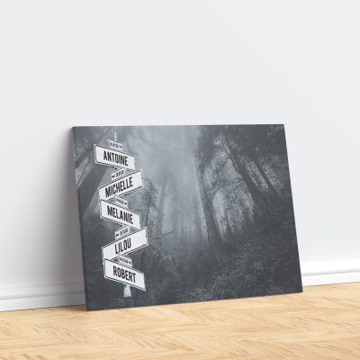 tableau de prenoms personnalise sur toile avec fond foret noir et blanc
