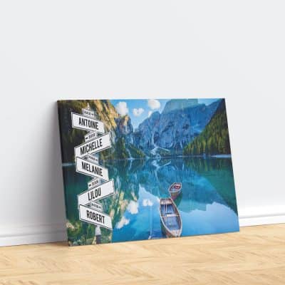 tableau de prenoms personnalise sur toile avec fond lac bateau