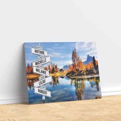 tableau de prenoms personnalise sur toile avec fond montagne automnal