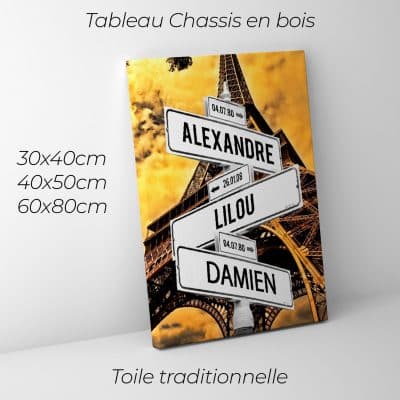 tableau de prenoms personnalise sur toile avec fond tour eiffel