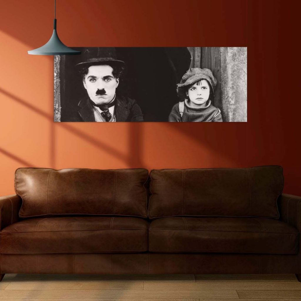 Tableau Cinéma Charlie Chaplin "The Kid" - Affiche Noir Et Blanc Vintage 50x70 Cm Avec Cadre