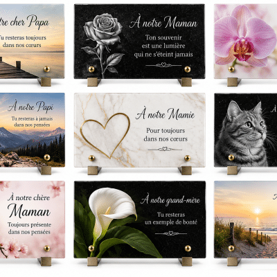 Plaques funéraires personnalisées, avec différents styles : paysages, roses, orchidées, marbre, animaux et compositions florales.