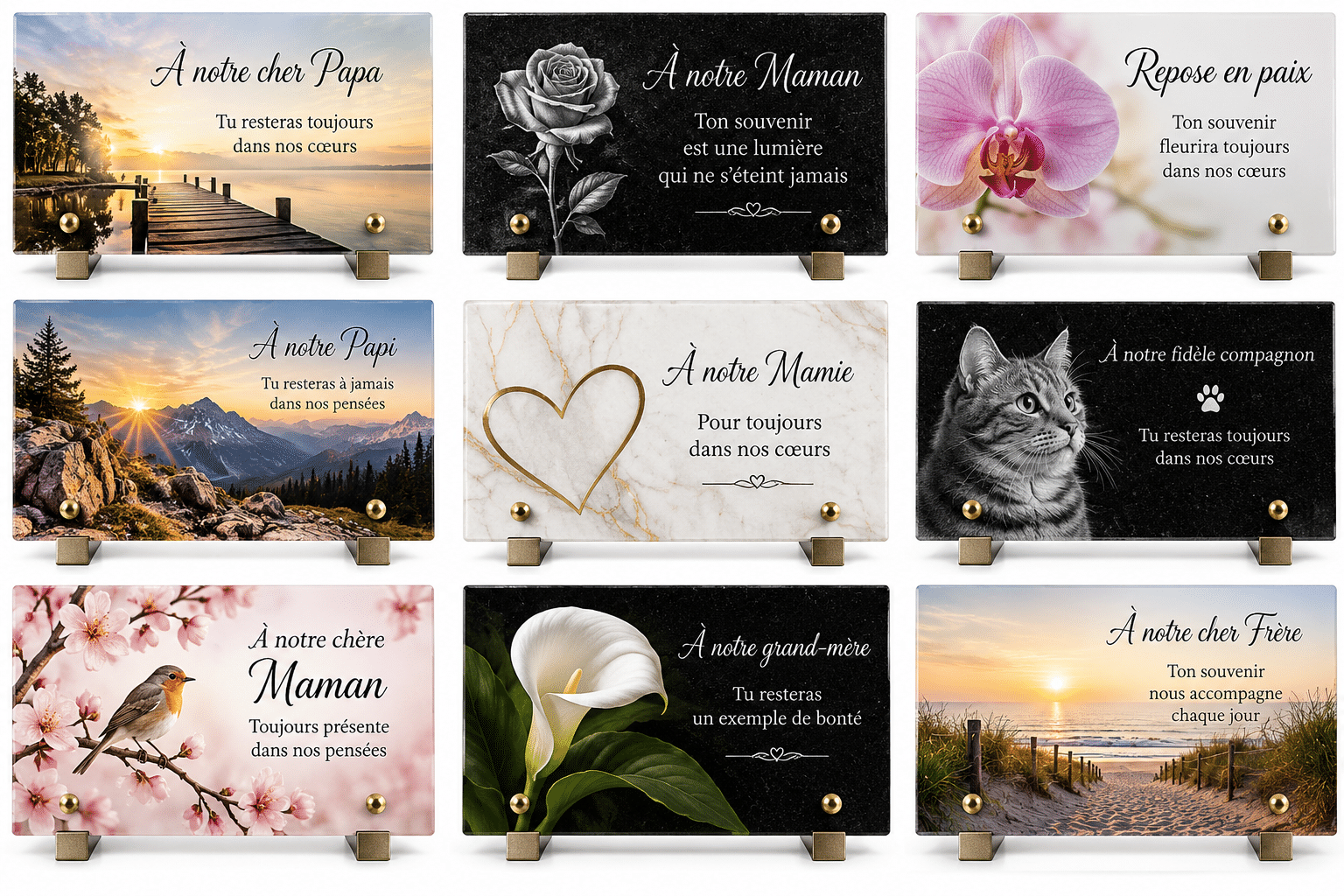 Plaques funéraires personnalisées, avec différents styles : paysages, roses, orchidées, marbre, animaux et compositions florales.