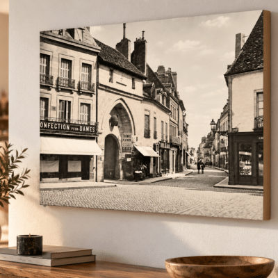 Tableau Dijon vintage sur châssis bois – rue historique de Dijon