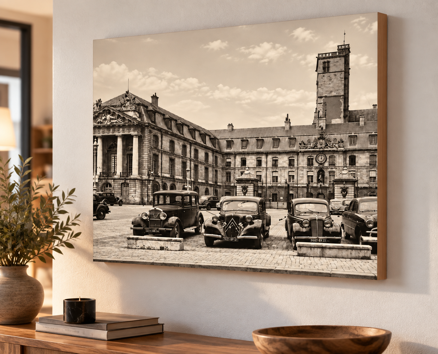 Tableau Dijon vintage sur châssis bois – rue historique de Dijon