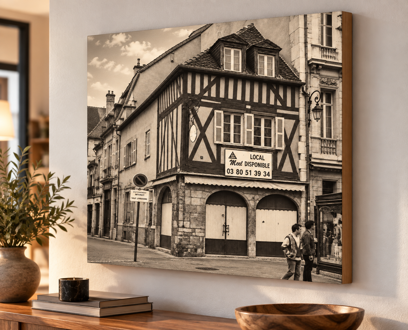 Tableau Dijon vintage sur châssis bois – rue historique de Dijon