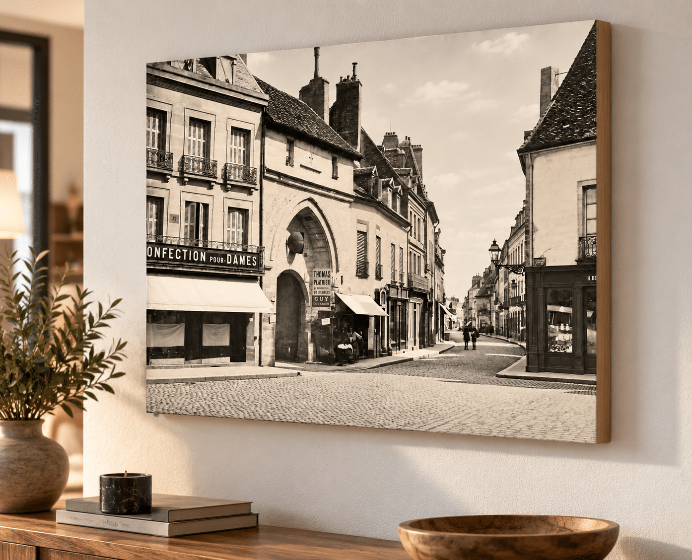 Tableau Dijon vintage sur châssis bois – rue historique de Dijon